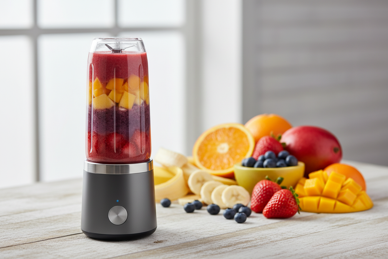 portable blender with fruits in background